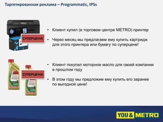 Таргетированная реклама – Programmatic, IPSs 
• Клиент купил (в торговом центре METRO) принтер 
• Через месяц мы предлагаем ему купить картридж 
для этого принтера или бумагу по суперцене! 
• Клиент покупал моторное масло для своей компании 
в прошлом году 
• В этом году мы предложим ему купить его заранее 
по выгодной цене! 
СУПЕРЦЕНА! 
СУПЕРЦЕНА! 
 