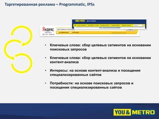 Таргетированная реклама – Programmatic, IPSs 
• Ключевые слова: сбор целевых сегментов на основании 
поисковых запросов 
• Ключевые слова: сбор целевых сегментов на основании 
контент-анализа 
• Интересы: на основе контент-анализа и посещения 
специализированных сайтов 
• Потребности: на основе поисковых запросов и 
посещения специализированных сайтов 
 