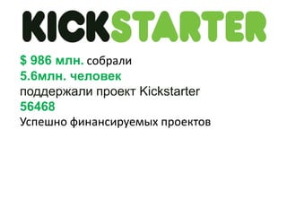 $ 986 млн. собрали 
5.6млн. человек 
поддержали проект Kickstarter 
56468 
Успешно финансируемых проектов 
 