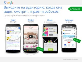 GGooooggllee CCoonnffiiddeennttiiaall aanndd PPrroopprriieettaarryy 
Выходите на аудиторию, когда она 
ищет, смотрит, играет и работает 
Сферы применения мобильной рекламы 
Ищет 
в Google 
Сёрфит 
по сети 
Работает 
в Gmail 
Играет 
в приложениях 
2.Реклама 
Новинка! 
Новинка! 
 