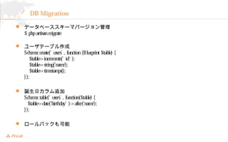 DB Migration 
? ǩ`٩``ޥЩ` 
$ php artisan migrate 
? `Ʃ`֥ 
Schema::create(' users' , function (Blueprint $table) { 
$table->increments(' id' ); 
$table->string(name); 
$table->timestamps(); 
} ); 
? Qե׷ 
Schema::table(' users' , function($table) { 
$table->date(birthday' )->after(name); 
} ); 
? `Хå 
 