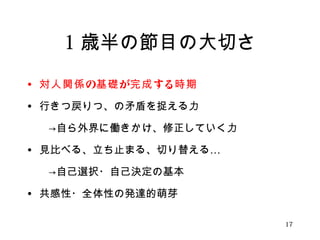 1歳半の節目の大切さ 
• 対人関係の基礎が完成する時期 
• 行きつ戻りつ、の矛盾を捉える力 
　　→自ら外界に働きかけ、修正していく力 
• 見比べる、立ち止まる、切り替える… 
　　→自己選択・自己決定の基本 
• 共感性・全体性の発達的萌芽 
17 
 