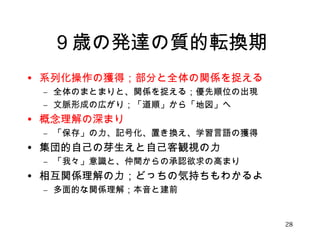 ９歳の発達の質的転換期 
• 系列化操作の獲得；部分と全体の関係を捉える 
– 全体のまとまりと、関係を捉える；優先順位の出現 
– 文脈形成の広がり；「道順」から「地図」へ 
• 概念理解の深まり 
– 「保存」の力、記号化、置き換え、学習言語の獲得 
• 集団的自己の芽生えと自己客観視の力 
– 「我々」意識と、仲間からの承認欲求の高まり 
• 相互関係理解の力；どっちの気持ちもわかるよ 
– 多面的な関係理解；本音と建前 
28 
 