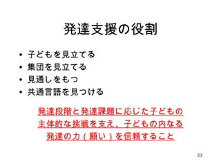 発達支援の役割 
• 子どもを見立てる 
• 集団を見立てる 
• 見通しをもつ 
• 共通言語を見つける 
発達段階と発達課題に応じた子どもの 
主体的な挑戦を支え、子どもの内なる 
発達の力（願い）を信頼すること 
33 
 