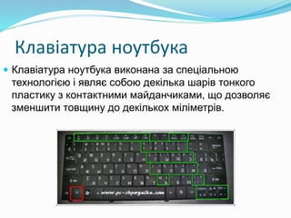 Клавіатура ноутбука 
 Клавіатура ноутбука виконана за спеціальною 
технологією і являє собою декілька шарів тонкого 
пластику з контактними майданчиками, що дозволяє 
зменшити товщину до декількох міліметрів. 
 
