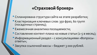 «Страховой брокер» 
• Спланирована структура сайта на этапе разработки; 
• Кластеризация ключевых слов: 350 фраз, 60 групп 
(посадочных страниц); 
• Ежемесячная аналитика посещаемости; 
• Составление контент-плана на новые статьи (2-5 в месяц); 
• Информационный раздел – с консультациями «Вопросы- 
ответы»; 
• Закупка ссылочной массы – бюджет 3 000 рублей. 
 