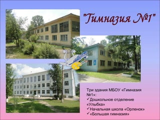Три здания МБОУ «Гимназия 
№1»: 
Дошкольное отделение 
«Улыбка» 
Начальная школа «Орленок» 
«Большая гимназия» 
 