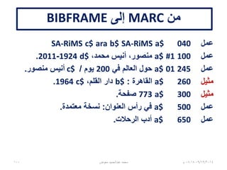 ‫المقتنيات‬ ‫معلومات‬
•HeldMaterial‫فرعية‬ ‫فئة‬ ‫عن‬ ‫عبارة‬ ‫المقتناة‬ ‫المادة‬subclass
‫للشرح‬
-‫المكتبة‬ ‫تمتلكها‬ ‫مثيل‬ ‫نسخة‬ ‫كل‬ ‫على‬ ‫الخصائص‬ ‫تطبق‬
•HeldItem‫المادة‬ ‫من‬ ‫فرعية‬ ‫فئة‬ ‫عن‬ ‫عبارة‬ ‫المقتنى‬ ‫الوعاء‬
‫المقتناة‬HeldMaterial
-‫محددة‬ ‫لنسخة‬ ‫فريدة‬ ‫معلومات‬
-‫وعاء‬ ‫كيان‬ ‫عن‬ ‫عبارة‬FRBR‫في‬ ‫لشرح‬ ‫شرح‬ ،BIBFRAME
06/01/201507:06‫م‬‫معوض‬ ‫عبدالحميد‬ ‫محمد‬100
 