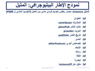 ‫الببليوجرافي‬ ‫اإلطار‬ ‫نموذج‬:‫المثيل‬
‫المثيل‬Instance:‫العمل‬ ‫من‬ ‫مادي‬ ‫فردي‬ ‫تجسيد‬ ‫يعكس‬ ‫مصدر‬(‫ل‬ ‫المادي‬ ‫التجسيد‬FRBR)
bf:‫العنوان‬
bf:‫المشارك‬contributor
bf:‫النشر‬ ‫مكان‬placePub
bf:‫المزود‬provider
bf:‫النشر‬ ‫تاريخ‬pubDate
bf:‫المدى‬
bf:‫أخرى‬ ‫خصائص‬otherFeatures
bf:‫األبعاد‬
bf:‫ردمك‬
bf:‫اللغة‬
bf:‫تبصرة‬
bf:‫عن‬ ‫مثيل‬instanceOf
06/01/201507:06‫م‬106 ‫معوض‬ ‫عبدالحميد‬ ‫محمد‬
 