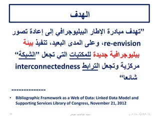 ‫الهدف‬
”‫تصور‬ ‫إعادة‬ ‫إلى‬ ‫الببليوجرافي‬ ‫اإلطار‬ ‫مبادرة‬ ‫تهدف‬
re-envision‫تنفيذ‬ ،‫البعيد‬ ‫المدى‬ ‫وعلى‬ ،‫بيئة‬
‫جديدة‬ ‫ببليوجرافية‬‫للمكتبات‬‫تجعل‬ ‫التي‬”‫الشبكة‬“
‫ا‬ ‫وتجعل‬ ‫مركزية‬‫لترابط‬interconnectedness
‫شائعا‬“
--------------
• Bibliographic Framework as a Web of Data: Linked Data Model and
Supporting Services Library of Congress, November 21, 2012
06/01/201507:06‫م‬‫معوض‬ ‫عبدالحميد‬ ‫محمد‬32
 