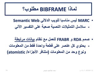 ‫لماذا‬BIBFRAME‫مطلوب؟‬
•MARC‫الداللي‬ ‫للويب‬ ‫مناسبا‬ ‫ليس‬Semantic Web
-‫اآللي‬ ‫التفسير‬ ‫على‬ ‫صعبة‬ ‫النصية‬ ‫التمثيالت‬ ‫سالسل‬
•‫صمم‬RDA‫و‬FRABR‫نظام‬ ‫مع‬ ‫للعمل‬‫مرتبطة‬ ‫بيانات‬
-‫المعلومات‬ ‫من‬ ‫فقط‬ ‫واحدة‬ ‫قطعة‬ ‫على‬ ‫عنصر‬ ‫كل‬ ‫يحتوي‬
‫المعلومات‬ ‫من‬ ‫وحد‬ ‫ونوع‬(‫األجزاء‬ ‫متنافر‬/atomistic)
06/01/201507:06‫م‬‫معوض‬ ‫عبدالحميد‬ ‫محمد‬37
 