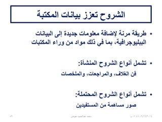 ‫الشرح‬Annotation
‫مصادر‬ ‫لتجميل‬ ‫وسيلة‬
BIBFRAME‫األخرى‬
‫مثل‬ ‫إضافية‬ ‫بمعلومات‬
،‫الغالف‬ ‫فن‬ ،‫المكتبة‬ ‫مقتنيات‬
‫الخ‬ ،‫المراجعات‬.
06/01/201507:06‫م‬‫معوض‬ ‫عبدالحميد‬ ‫محمد‬89
 