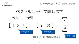 　　　ベクトルは一行で表せます 
12 
• ベクトルの例 
2. データの扱い方（ベクトルと行列） 
［1 3 7］ ［5 13 ］ 
］ 
］5 1 
b=c(5,13) 
d=c(1,5) 
a=c(1,3,7) 
統計ツール「R」で確認しましょう 
 