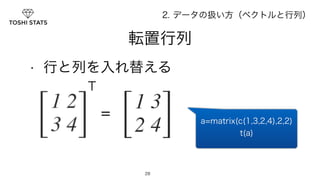 転置行列 
28 
2. データの扱い方（ベクトルと行列） 
• 行と列を入れ替える 
a=matrix(c(1,3,2,4),2,2) 
t(a) 
= 
T 
 