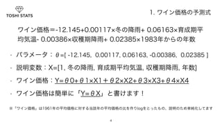 ワイン価格＝-12.145+0.00117×冬の降雨+ 0.06163×育成期平 
均気温- 0.00386×収穫期降雨+ 0.02385×1983年からの年数 
• パラメータ：θ=[ -12.145, 0.00117, 0.06163, -0.00386, 0.02385 ] 
• 説明変数：X=[1, 冬の降雨, 育成期平均気温, 収穫期降雨, 年数] 
• ワイン価格：Y=θ0+θ1×X1＋θ2×X2+θ3×X3+θ4×X4 
• ワイン価格は簡単に「Y=θX」と書けます！ 
4 
1. ワイン価格の予測式 
※「ワイン価格」は1961年の平均価格に対する当該年の平均価格の比を作りlogをとったもの、説明のため単純化してます 
 