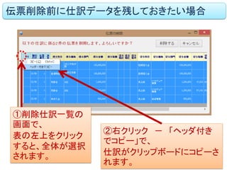 伝票削除前に仕訳データを残しておきたい場合 
①削除仕訳一覧の 画面で、 
表の左上をクリック すると、全体が選択 されます。 
②右クリック － 「ヘッダ付き でコピー」で、 
仕訳がクリップボードにコピーさ れます。  