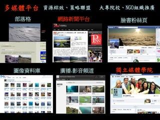 多媒體平台 
部落格 
網路新聞平台 
獨立媒體學院 
臉書粉絲頁 
圖像資料庫 
廣播.影音頻道 
資源綜效、策略聯盟 
大專院校、NGO組織推廣  