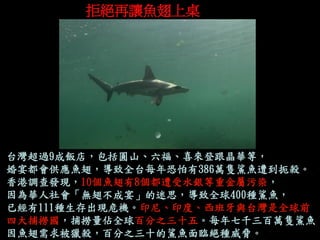 拒絕再讓魚翅上桌 
台灣超過9成飯店，包括圓山、六福、喜來登跟晶華等， 
婚宴都會供應魚翅，導致全台每年恐怕有386萬隻鯊魚遭到扼殺。 
香港調查發現，10個魚翅有8個都遭受水銀等重金屬污染， 
因為華人社會「無翅不成宴」的迷思，導致全球400種鯊魚， 
已經有111種生存出現危機。印尼、印度、西班牙與台灣是全球前 四大捕撈國，捕撈量佔全球百分之三十五。每年七千三百萬隻鯊魚 因魚翅需求被獵殺，百分之三十的鯊魚面臨絕種威脅。  