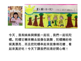 今天，我和妹妹與傑凱一起玩，我們一起玩陀 
螺。陀螺它轉來轉去就像在跳舞，陀螺轉的時 
候真漂亮，而且把陀螺串起來就像棉花糖，看 
起來真好吃！今天下課我們玩得好開心啊！ 
 