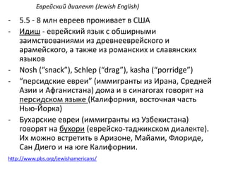 Еврейский диалект (Jewish English) 
- 5.5 - 8 млн евреев проживает в США 
- Идиш - еврейский язык с обширными 
заимствованиями из древнееврейского и 
арамейского, а также из романских и славянских 
языков 
- Nosh (“snack”), Schlep (“drag”), kasha (“porridge”) 
- “персидские евреи” (иммигранты из Ирана, Средней 
Азии и Афганистана) дома и в синагогах говорят на 
персидском языке (Калифорния, восточная часть 
Нью-Йорка) 
- Бухарские евреи (иммигранты из Узбекистана) 
говорят на бухори (еврейско-таджикском диалекте). 
Их можно встретить в Аризоне, Майами, Флориде, 
Сан Диего и на юге Калифорнии. 
http://www.pbs.org/jewishamericans/ 
 
