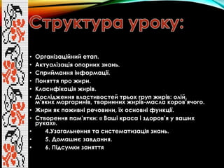 • Організаційний етап. 
• Актуалізація опорних знань. 
• Сприймання інформації. 
• Поняття про жири. 
• Класифікація жирів...