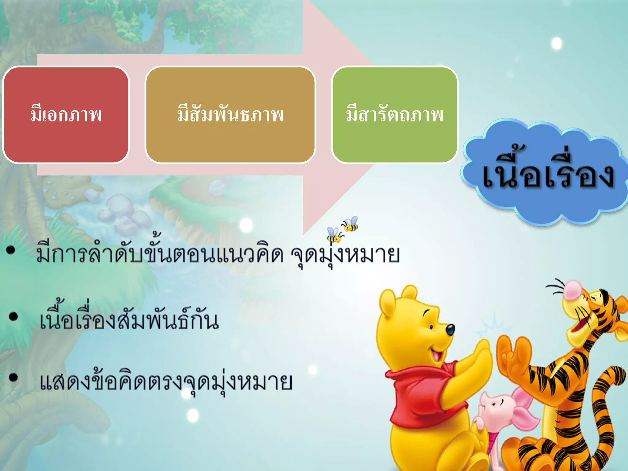 มีเอกภาพ 
มีสัมพันธภาพ 
มีสารัตถภาพ  