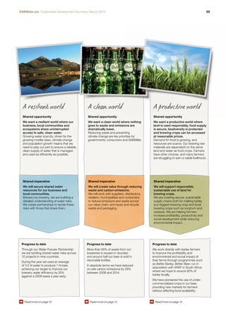 SABMiller plc Sustainable Development Summary Report 2014 05 
A productive world 
Shared opportunity 
We want a productive world where 
land is used responsibly, food supply 
is secure, biodiversity is protected 
and brewing crops can be accessed 
at reasonable prices. 
Demand for food is growing, and 
resources are scarce. Our brewing raw 
materials are dependent on the same 
land and water as food crops. Farmers 
have other choices, and many farmers 
are struggling to earn a viable livelihood. 
A clean world 
Shared opportunity 
We want a clean world where nothing 
goes to waste and emissions are 
dramatically lower. 
Reducing waste and preventing 
climate change are key priorities for 
governments, consumers and SABMiller. 
A resilient world 
Shared opportunity 
We want a resilient world where our 
business, local communities and 
ecosystems share uninterrupted 
access to safe, clean water. 
Growing water scarcity, driven by the 
growing middle class, climate change 
and population growth means that we 
need to play our part to ensure a reliable, 
clean supply of water that is managed 
and used as efficiently as possible. 
Shared imperative 
We will support responsible, 
sustainable use of land for 
brewing crops. 
We are creating secure, sustainable 
supply chains both for malting barley 
(our biggest brewing crop) and local 
brewing crops such as sorghum and 
cassava. We are helping farmers 
increase profitability, productivity and 
social development while reducing 
environmental impact. 
Progress to date 
We work directly with barley farmers 
to improve the profitability and 
environmental and social impact of 
their farms through programmes such 
as Better Barley, Better Beer, run in 
association with WWF in South Africa 
where we hope to source 90% of 
barley locally. 
We have pioneered the use of under-commercialised 
crops in our beer, 
providing new markets for farmers 
without affecting food availability. 
Shared imperative 
We will create value through reducing 
waste and carbon emissions. 
We will work with suppliers, distributors, 
retailers, municipalities and consumers 
to reduce emissions and waste across 
our value chain, and reuse and recycle 
waste and packaging. 
Progress to date 
More than 95% of waste from our 
breweries is reused or recycled 
and around half our beer is sold in 
returnable bottles. 
In absolute terms we have reduced 
on-site carbon emissions by 29% 
between 2008 and 2014. 
Shared imperative 
We will secure shared water 
resources for our business and 
local communities. 
Brewery by brewery, we are building a 
detailed understanding of water risks. 
We create partnerships to tackle these 
risks with those that share them. 
Progress to date 
Through our Water Futures Partnership 
we are tackling shared water risks across 
12 projects in nine countries. 
During the year we used an average 
of 3.5 hl water to produce 1 hl beer, 
achieving our target to improve our 
brewery water efficiency by 25% 
(against a 2008 base) a year early. 
Read more on page 10 Read more on page 12 Read more on page 14 
 