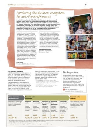 SABMiller plc Sustainable Development Summary Report 2014 07 
Nurturing the business ecosystem 
for micro entrepreneurs 
In Latin America, there are 780,000 small retailers who operate very small 
stores or kiosks, selling our products among a wide range of other goods. 
Of these retailers, close to 50% live in poverty and 60% are run by women who 
are heads of households. They face huge challenges, not least access to finance 
and the ability to secure all the necessary permits to operate. That is why 
we are joining forces with the Inter-American Development Bank’s Multilateral 
Investment Fund (MIF) to roll out 4e, Camino al Progreso, a programme 
to improve the livelihoods of 40,000 ‘tenderos’ in six countries. 
“ In Latin America, these small-scale 
shopkeepers – tenderos – account 
for 40% of our sales volumes. Our 4e 
programme takes a holistic approach 
to training. It includes financial literacy 
and business skills training, access to 
professional credit and financial services, 
and assistance in meeting regulatory 
and other requirements, as well as 
responsible retailing, with training on the 
importance of requesting identification 
when selling alcohol and not to sell 
alcohol to those under the legal drinking 
age. Helping the tenderos supports a 
critical sales channel, plus it enables 
them to use their central position in their 
communities to become catalysts for 
development. It is a model example 
of how we can use our value chain to 
improve the welfare and development 
of communities.” 
Karl Lippert 
President, SABMiller Latin America 
“ As a multilateral bank, the IDB plays 
a leading role in backing private sector 
projects that contribute to sustainable 
growth and social inclusion. Through 
the MIF, the IDB is joining forces with 
SABMiller to improve the economic and 
social impact of the small-scale retail 
sector. This initiative aims to improve 
the standard of living of thousands 
of people in low income communities 
across six countries in Latin America.” 
Luis Alberto Moreno 
President, Inter-American 
Development Bank 
Our approach to taxation 
In 2013 we published our first report on the 
role of tax in economic development, Our 
Approach to Tax 2013, offering a new level 
of disclosure and sharing information on 
our tax principles. Our second report is 
published alongside this report. 
The total taxes borne and collected by 
SABMiller plc and its subsidiaries and our 
share of taxes paid by our US joint venture 
during the year amounted to US$10,750 
million (2013: US$9,900 million). These 
include: excise, corporate and transactional 
taxes, and taxes borne by employees. Of this 
total, 67% was paid in developing countries. 
The corporate tax charge for the year was 
US$1,173 million (2013: US$1,192 million 
(restated)), giving us an effective tax rate 
of 26.0% (2013: 27.0%). 
7 Source: SABMiller: Our economic impact in Africa 
animation, and Working for South Africa: the contribution 
of SAB to the South African Economy, available at 
www.sabmiller.com. 
8 Source: The World Bank, World Development Report 
2012 – Gender Equality and Development. 
Direct economic 
value generateda 
Economic value 
distributed 
The big question 
Small business owners face similar 
challenges, regardless of the business 
they run or where it is located. How 
can we scale up our enterprise 
development partnerships to help 
these entrepreneurs grow their 
businesses and contribute to a thriving 
world where incomes and quality of life 
are growing? 
Join the conversation at 
www.sabmiller.com/bigquestions 
Economic value 
retained 
Revenue plus interest and 
dividend receipts, royalty 
income and proceeds of 
sales of assets 
Operating 
costs 
Cost of 
materials, 
services and 
facilities 
Employee 
remunerationb 
Cost of 
employees’ 
salaries and 
benefits 
Payments to 
providers of 
capital 
All financial 
payments 
made to the 
providers of 
the company’s 
capital 
Payments 
to tax 
authoritiesc 
Tax paid, 
including 
remittance 
taxes and 
excise taxes 
Community 
investmentsd 
Voluntary 
contributions 
and investment 
of funds in 
the broader 
economy 
Value retained for corporate 
and operational purposes, 
including funding future 
capital expenditure and 
acquisitions 
US$ 
24,254 m 
US$ 
9,052 m 
US$ 
2,337 m 
US$ 
2,942 m 
US$ 
7,203 m 
US$ 
32 m 
US$ 
2,688 m 
a This table is constructed based on data contained in the SABMiller 2014 Annual Report and follows guidance recommended by the Global Reporting Initiative (GRI EC1). 
b Excludes share option charges, includes employer taxes and social security contributions. 
c Excludes VAT, indirect taxes and taxes borne by employees. 
d Includes cash donations, value of gifts in kind and time donated, and management costs of CSI activity. 
 