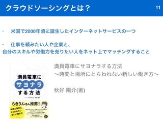 クラウドソーシングとは？ 11 
• 米国で2000年頃に誕生したインターネットサービスの一つ 
• 仕事を頼みたい人や企業と、 
自分のスキルや労働力を売りたい人をネット上でマッチングすること 
満員電車にサヨナラする方法 
～時間と場所にとらわれない新しい働き方～ 
秋好 陽介(著) 
 