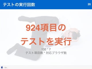 なにができるの? 22 
• 自然言語に近い形でテストシナリオ 
が記述できる 
• ヘッドレスブラウザによるテスト 
• 自動テストツールとの連携 
 