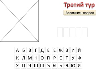 Вспомнить вопрос 
Ф А Л Е С 
А Б В Г Д Е Ё Ж З И Й 
К Л М Н О П Р С Т У Ф 
Х Ц Ч Ш Щ Ъ Ы Ь Э Ю Я 
 