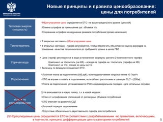 Новые принципы и правила ценообразования: 
цены для потребителей 
Теплоноситель 
Горячая вода 
Подключение 
Услуги по 
резервированию 
• НЕрегулируемая цена определяется ЕТО не выше предельного уровня (цена АК) 
• Отмена штрафов за превышение дог. объемов т/э 
• Сохранение штрафов за нарушение режимов потребления (кроме населения) 
• В закрытых системах – НЕрегулируемая цена 
• В открытых системах – тариф регулируется, чтобы обеспечить объективную оценку расходов на 
доведение качества теплоносителя до требуемого уровня в целях ГВС 
• Цена (тариф) регулируется в виде установления формулы расчета 2-компонентного тарифа: 
Компонент на т/носитель (на ХВ) – исходя из тарифа на т/носитель (тарифа на ХВ) 
Компонент на т/э - исходя из цены на т/э 
• Величину по формуле определяет ЕТО 
• Льготная плата за подключение (550 руб), если подключаемая нагрузка менее 10 Гкал/ч 
• ЕТО не вправе отказать в подключении, если объект расположен в границах СЦТ + [200м] 
• Плата за подключение устанавливается РЭК в индивидуальном порядке – для остальных случаев 
(!) Не вписывается в новую логику, т.к. в новой модели: 
• Отказ от штрафования отклонений от договорных объемов потребления 
• ЕТО отвечает за развитие СЦТ 
• Льготный порядок подключения 
• Отсутствие обязательного двухставочного тарифа для потребителя 
Тепловая энергия 
(мощность) 
(!) НЕрегулируемые цены определяются ЕТО в соответствии с разрабатываемыми ею правилами, включающими, 
в том числе, принципы дифференциации цен по категориям потребителей 5 
 
