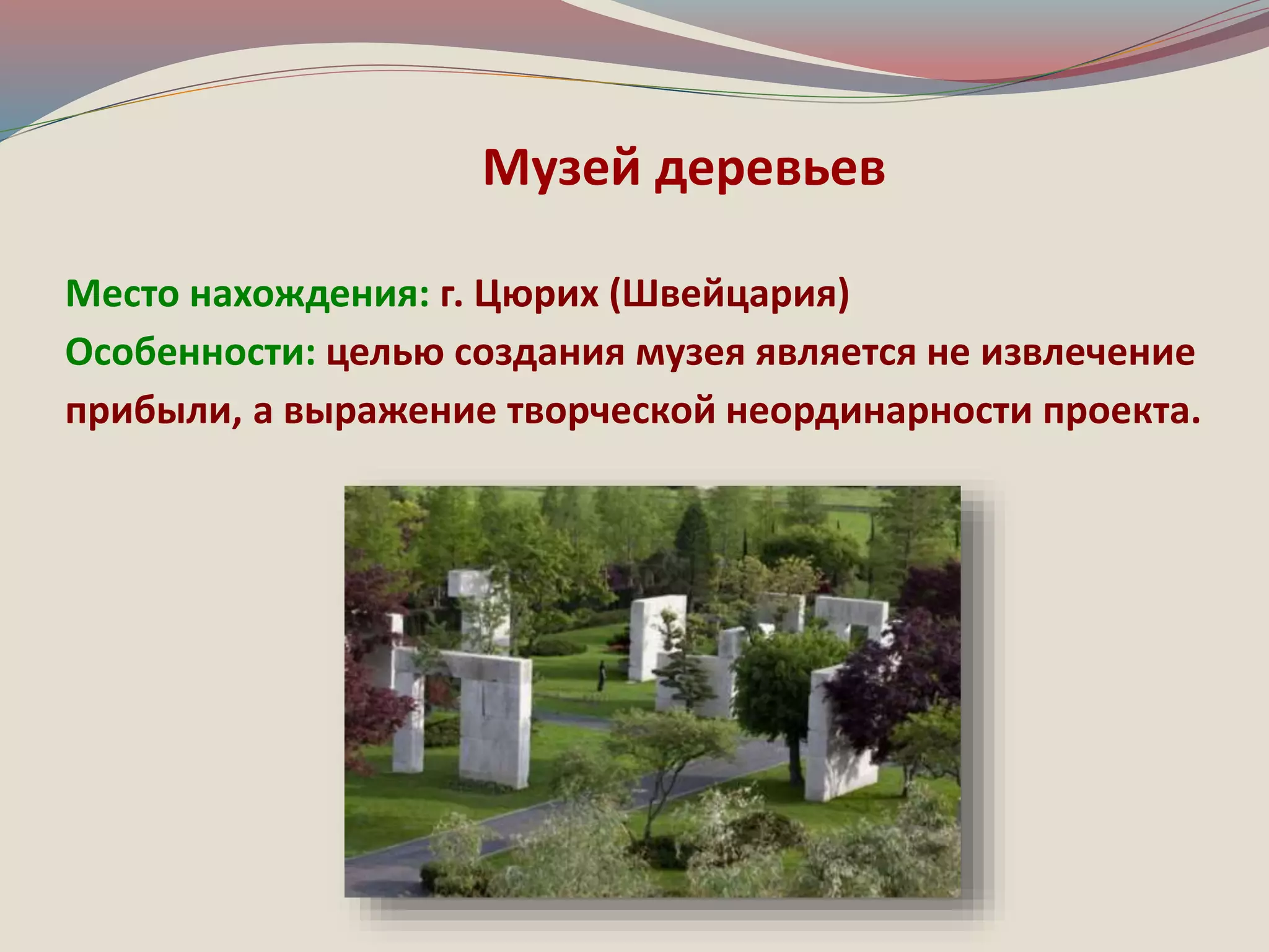 Музей деревьев 
Место нахождения: г. Цюрих (Швейцария) 
Особенности: целью создания музея является не извлечение 
прибыли, а выражение творческой неординарности проекта. 
 