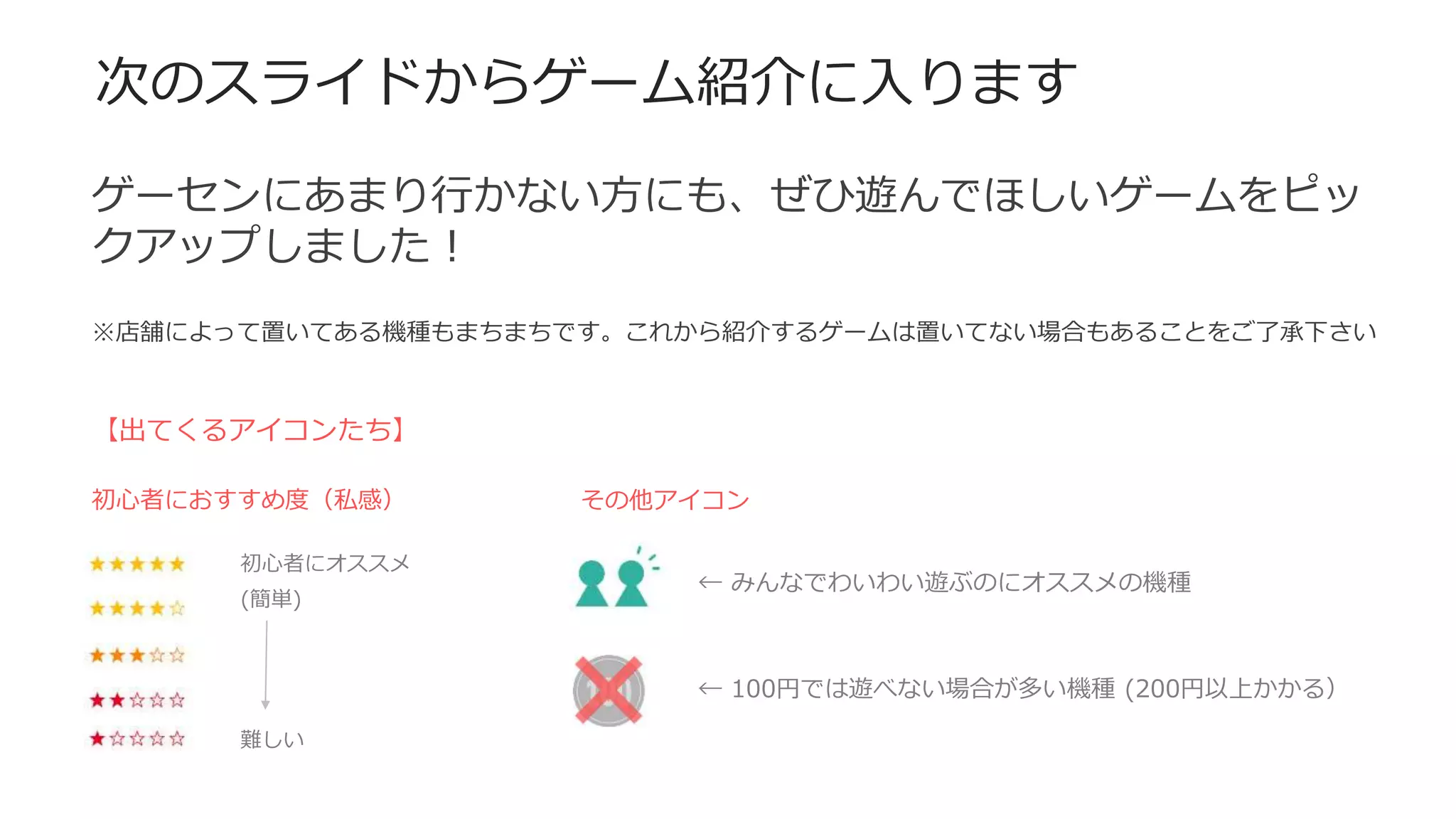 次のスライドからゲーム紹介に入ります
【出てくるアイコンたち】
初心者におすすめ度（私感）
初心者にオススメ
(簡単)
難しい
← みんなでわいわい遊ぶのにオススメの機種
ゲーセンにあまり行かない方にも、ぜひ遊んでほしいゲームをピッ
クアップしました！
※店舗によって置いてある機種もまちまちです。これから紹介するゲームは置いてない場合もあることをご了承下さい
その他アイコン
← 100円では遊べない場合が多い機種 (200円以上かかる）
 