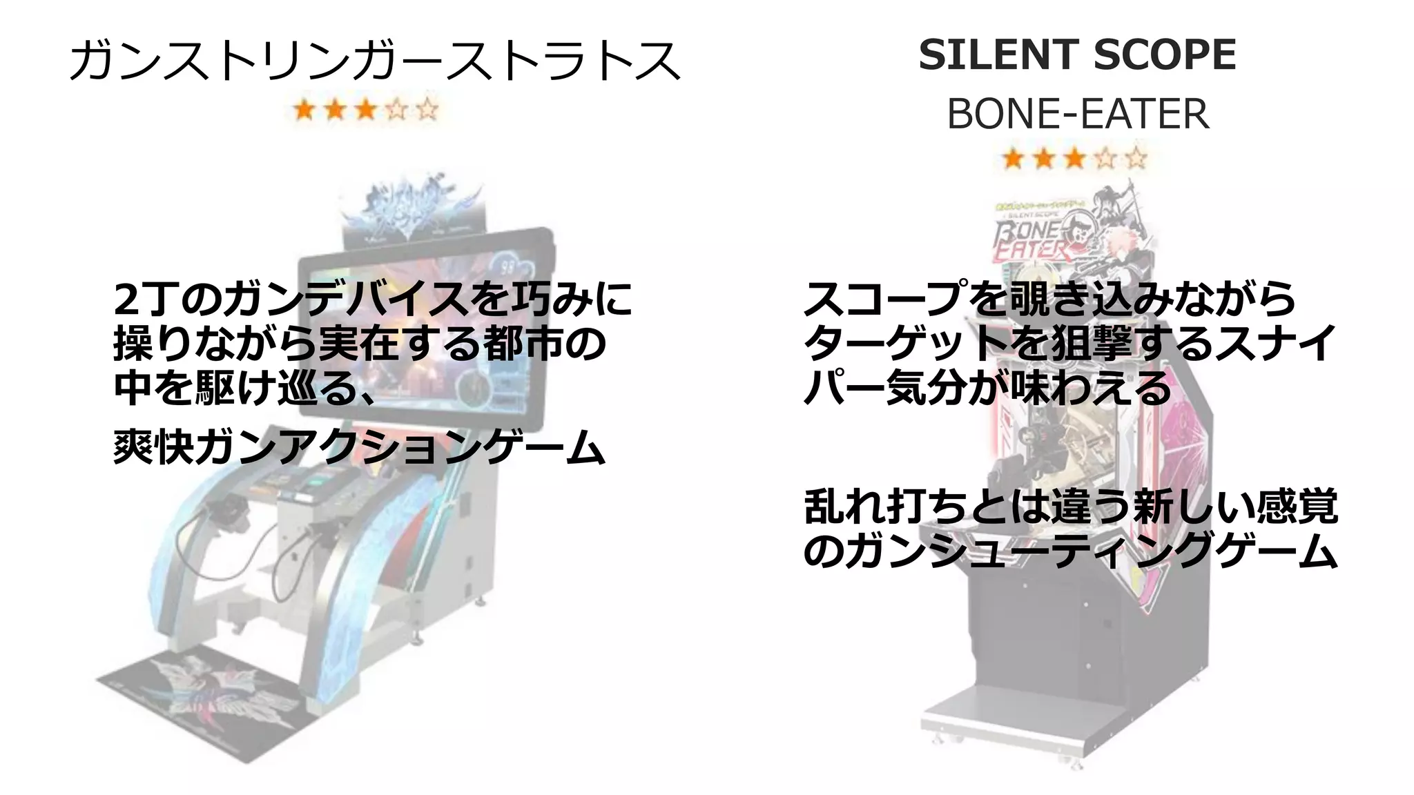 ガンストリンガーストラトス SILENT SCOPE
BONE-EATER
2丁のガンデバイスを巧みに
操りながら実在する都市の
中を駆け巡る、
爽快ガンアクションゲーム
スコープを覗き込みながら
ターゲットを狙撃するスナイ
パー気分が味わえる
乱れ打ちとは違う新しい感覚
のガンシューティングゲーム
 