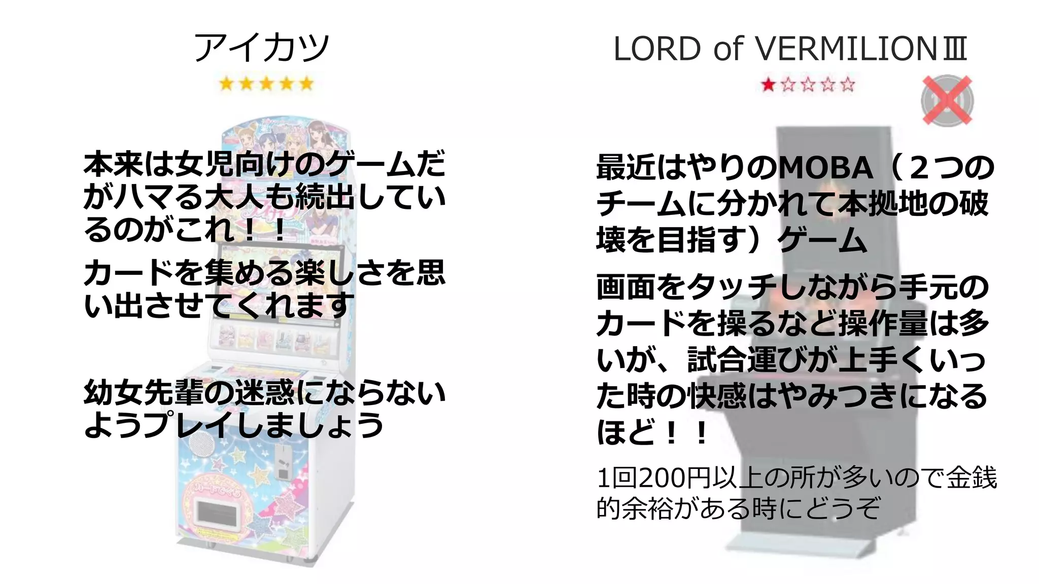 アイカツ LORD of VERMILIONⅢ
本来は女児向けのゲームだ
がハマる大人も続出してい
るのがこれ！！
カードを集める楽しさを思
い出させてくれます
幼女先輩の迷惑にならない
ようプレイしましょう
最近はやりのMOBA（２つの
チームに分かれて本拠地の破
壊を目指す）ゲーム
画面をタッチしながら手元の
カードを操るなど操作量は多
いが、試合運びが上手くいっ
た時の快感はやみつきになる
ほど！！
1回200円以上の所が多いので金銭
的余裕がある時にどうぞ
 