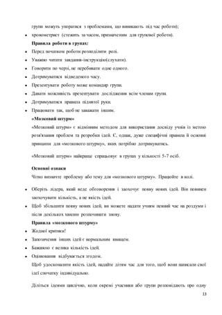 13 
групи можуть упоратися з проблемами, що виникають під час роботи); 
● хронометрист (стежить за часом, призначе ним для групової роботи). 
Правила роботи в групах: 
● Перед початком роботи розподілити ролі. 
● Уважно читати завдання-інструкцію(слухати). 
● Говорити по черзі, не перебивати одне одного. 
● Дотримуватися відведеного часу. 
● Презентувати роботу може командир групи. 
● Давати можливість презентувати дослідження всім членам групи. 
● Дотримуватися правила піднятої руки. 
● Працювати так, щоб не заважати іншим. 
«Мозковий штурм» 
«Мозковий штурм» є відмінним методом для використання досвіду учнів із метою 
розв'язання проблем та розробки ідей. Є, однак, дуже специфічні правила й основні 
принципи для «мозкового штурму», яких потрібно дотримуватись. 
«Мозковий штурм» найкраще спрацьовує в групах у кількості 5-7 осіб. 
Основні ознаки 
Чітко визначте проблему або тему для «мозкового штурму». Працюйте в колі. 
● Оберіть лідера, який веде обговорення і заохочує появу нових ідей. Він повинен 
заохочувати кількість, а не якість ідей. 
● Щоб збільшити появу нових ідей, ви можете надати учням певний час на роздуми і 
після декількох хвилин розпочинати знову. 
Правила «мозкового штурму» 
● Жодної критики! 
● Запозичення інших ідей є нормальним явищем. 
● Бажаною є велика кількість ідей. 
● Оцінювання відбувається згодом. 
Щоб удосконалити якість ідей, надайте дітям час для того, щоб вони написали свої 
ідеї спочатку індивідуально. 
Діліться ідеями циклічно, коли окремі учасники або групи розповідають про одну 
 