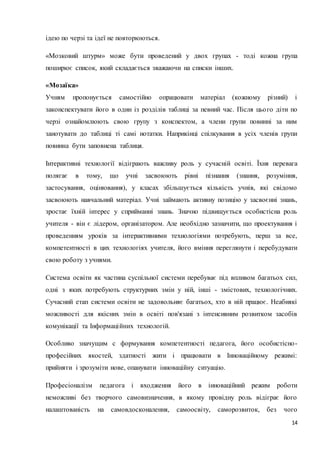 14 
ідею по черзі та ідеї не повторюються. 
«Мозковий штурм» може бути проведений у двох групах - тоді кожна група 
поширює список, який складається зважаючи на списки інших. 
«Мозаїка» 
Учням пропонується самостійно опрацювати матеріал (кожному різний) і 
законспектувати його в один із розділів таблиці за певний час. Після цьо го діти по 
черзі ознайомлюють свою групу з конспектом, а члени групи повинні за ним 
занотувати до таблиці ті самі нотатки. Наприкінці спілкування в усіх членів групи 
повинна бути заповнена таблиця. 
Інтерактивні технології відіграють важливу роль у сучасній освіті. Їхня перевага 
полягає в тому, що учні засвоюють рівні пізнання (знання, розуміння, 
застосування, оцінювання), у класах збільшується кількість учнів, які свідомо 
засвоюють навчальний матеріал. Учні займають активну позицію у засвоєнні знань, 
зростає їхній інтерес у сприйманні знань. Значно підвищується особистісна роль 
учителя - він є лідером, організатором. Але необхідно зазначити, що проектування і 
проведенням уроків за інтерактивними технологіями потребують, перш за все, 
компетентності в цих технологіях учителя, його вміння переглянути і перебудувати 
свою роботу з учнями. 
Система освіти як частина суспільної системи перебуває під впливом багатьох сил, 
одні з яких потребують структурних змін у ній, інші - змістових, технологічних. 
Сучасний етап системи освіти не задовольняє багатьох, хто в ній працює. Неабиякі 
можливості для якісних змін в освіті пов'язані з інтенсивним розвитком засобів 
комунікації та Інформаційних технологій. 
Особливо значущим с формування компетентності педагога, його особистісно - 
професійних якостей, здатності жити і працювати в Інноваційному режимі: 
прийняти і зрозуміти нове, опанувати інноваційну ситуацію. 
Професіоналізм педагога і входження його в інноваційний режим роботи 
неможливі без творчого самовизначення, в якому провідну роль відіграє його 
налаштованість на самовдосконалення, самоосвіту, саморозвиток, без чого 
 