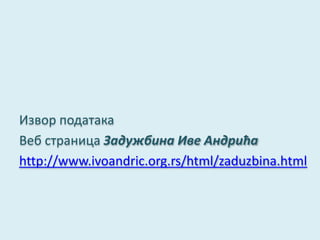 Извор података 
Веб страница Задужбина Иве Андрића 
http://www.ivoandric.org.rs/html/zaduzbina.html 
