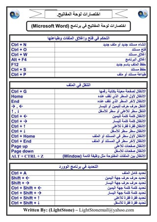 Written By: (LightStone) – LightStonemail@yahoo.com
‫اﻟﻤﻔﺎﺗﯿﺢ‬ ‫ﻟﻮﺣﺔ‬ ‫اﺧﺘﺼﺎرات‬.
‫وطﺑﺎﻋﺗﮭﺎ‬ ‫اﻟﻣﻠﻔﺎت‬ ‫وإﻏﻼق‬ ‫ﻓﺗﺢ‬ ‫ﻓﻲ‬ ‫اﻟﺗﺣﻛم‬
‫ﺟدﯾد‬ ‫ﻣﺳﺗﻧد‬ ‫إﻧﺷﺎء‬‫ﺟدﯾد‬ ‫ﻣﻠف‬ ‫أو‬Ctrl + N
‫ﻣﺳﺗﻧد‬ ‫ﻓﺗﺢ‬Ctrl + O
‫ﻣﺳﺗﻧد‬ ‫إﻏﻼق‬Ctrl + W
‫اﻟﺑرﻧﺎﻣﺞ‬ ‫إﻏﻼق‬Alt + F4
‫ﺟدﯾد‬ ‫ﺑﺎﺳم‬ ‫اﻟﻣﻠف‬ ‫ﺣﻔظ‬F12
‫ﻣﺳﺗﻧد‬ ‫ﺣﻔظ‬Ctrl + S
‫ﻣﻠف‬ ‫أو‬ ‫ﻣﺳﺗﻧد‬ ‫طﺑﺎﻋﺔ‬Ctrl + P
‫اﻟﺗﻧﻘل‬‫اﻟﻣﻠف‬ ‫ﻓﻲ‬
‫اﻻﻧﺗﻘﺎل‬‫رﻗﻣﮭﺎ‬ ‫ﺑﻛﺗﺎﺑﺔ‬ ‫ﻣﻌﯾﻧﺔ‬ ‫ﻟﺻﻔﺣﺔ‬Ctrl + G
‫اﻻﻧﺗﻘﺎل‬‫ﻋﻧده‬ ‫ﻧﻘف‬ ‫اﻟذي‬ ‫اﻟﺳطر‬ ‫ﻷول‬Home
‫اﻻﻧﺗﻘﺎل‬‫ﻋﻧده‬ ‫ﻧﻘف‬ ‫اﻟذي‬ ‫اﻟﺳطر‬ ‫ﻵﺧر‬End
‫ﻟﻠﯾﺳﺎر‬ ‫أو‬ ‫ﻟﻠﯾﻣﯾن‬ ‫ﺣرف‬ ‫ﺣرف‬ ‫اﻟﺗﻧﻘل‬ , 
‫ﺳطر‬ ‫أو‬ ‫ﻟﻸﻋﻠﻰ‬ ‫ﺳطر‬ ‫اﻟﺗﻧﻘل‬‫ﻟﻸﺳﻔل‬ , 
‫اﻻﻧﺗﻘﺎل‬‫ﻟﻠﯾﻣﯾن‬ ‫ﻛﻠﻣﺔ‬ ‫ﻛﻠﻣﺔ‬Ctrl + 
‫اﻻﻧﺗﻘﺎل‬‫ﻟﻠﯾﺳﺎر‬ ‫ﻛﻠﻣﺔ‬ ‫ﻛﻠﻣﺔ‬Ctrl + 
‫اﻻﻧﺗﻘﺎل‬‫ﻟﻸﻋﻠﻰ‬ ‫ﻓﻘرة‬ ‫ﻓﻘرة‬Ctrl + 
‫اﻻﻧﺗﻘﺎل‬‫ﻟﻸﺳﻔل‬ ‫ﺳطر‬ ‫ﺳطر‬Ctrl + 
‫اﻻﻧﺗﻘﺎل‬‫اﻟﻣﻠف‬ ‫أو‬ ‫اﻟﻣﺳﺗﻧد‬ ‫ﻓﻲ‬ ‫ﺳطر‬ ‫ﻷول‬Ctrl + Home
‫اﻻﻧﺗﻘﺎل‬‫اﻟﻣﻠف‬ ‫أو‬ ‫اﻟﻣﺳﺗﻧد‬ ‫ﻓﻲ‬ ‫ﺳطر‬ ‫ﻵﺧر‬Ctrl + End
‫ﻟﻸﻋﻠﻰ‬ ‫ﺻﻔﺣﺎت‬ ‫اﻻﻧﺗﻘﺎل‬Page up
‫ﺻﻔﺣﺎت‬ ‫اﻻﻧﺗﻘﺎل‬‫ﻟﻸﺳﻔل‬Page down
‫ﻗﺎﺋﻣﺔ‬ ‫وظﯾﻔﺔ‬ ‫ﻣﺛل‬ ‫اﻟﻣﻔﺗوﺣﺔ‬ ‫اﻟﻣﻠﻔﺎت‬ ‫ﺑﯾن‬ ‫اﻻﻧﺗﻘﺎل‬)Window(ALT + CTRL + Z
‫اﻟوورد‬ ‫ﺑرﻧﺎﻣﺞ‬ ‫ﻓﻲ‬ ‫اﻟﺗﺣدﯾد‬
‫اﻟﻣﻠف‬ ‫ﻛﺎﻣل‬ ‫ﺗﺣدﯾد‬Ctrl + A
‫اﻟﯾﻣﯾ‬ ‫ﺟﮭﺔ‬ ‫ﺣرف‬ ‫ﺣرف‬ ‫ﺗﺣدﯾد‬‫ن‬Shift + 
‫اﻟﯾﺳﺎر‬ ‫ﺟﮭﺔ‬ ‫ﺣرف‬ ‫ﺣرف‬ ‫ﺗﺣدﯾد‬Shift + 
‫اﻟﯾﻣﯾن‬ ‫ﺟﮭﺔ‬ ‫ﻛﻠﻣﺔ‬ ‫ﻛﻠﻣﺔ‬ ‫ﺗﺣدﯾد‬Ctrl + Shift + 
‫ﺗﺣد‬‫اﻟﯾﺳﺎر‬ ‫ﺟﮭﺔ‬ ‫ﻛﻠﻣﺔ‬ ‫ﻛﻠﻣﺔ‬ ‫ﯾد‬Ctrl + Shift + 
‫ﻟﻸﻋﻠﻰ‬ ‫ﻓﻘرة‬ ‫ﻓﻘرة‬ ‫ﺗﺣدﯾد‬Ctrl + Shift + 
‫ﻟﻸﺳﻔل‬ ‫ﻓﻘرة‬ ‫ﻓﻘرة‬ ‫ﺗﺣدﯾد‬Ctrl + Shift + 
‫ﺑرﻧﺎﻣﺞ‬ ‫ﻓﻲ‬ ‫اﻟﻣﻔﺎﺗﯾﺢ‬ ‫ﻟوﺣﺔ‬ ‫اﺧﺗﺻﺎرات‬)Microsoft Word(
 