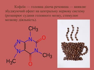 Кофеїн — головна діюча речовина — виявляє 
збуджуючий ефект на центральну нервову систему 
(розширює судини головного мозку, стимулює 
мозкову діяльність). 
 