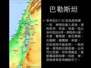 巴勒斯坦 
• 申命記8:7-10 因為耶和華 
─你　神領你進⼊入美地，那 
地有河，有泉，有源，從⼭山 
⾕谷中流出⽔水來。那地有⼩小⿆麥、 
⼤大⿆麥、葡萄樹、無花果樹、 
⽯石榴樹、橄欖樹，和蜜。 
你在那地不缺⻝⾷食物，⼀一無所 
缺。那地的⽯石頭是鐵，⼭山內 
可以挖銅。你吃得飽⾜足，就 
要稱頌耶和華─你的　神， 
因他將那美地賜給你了。 
 