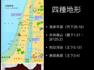 四種地形 
• 海岸平原（代下28:18） 
• 中央⾼高⼭山（撒下1:21、 
詩125:2） 
• 約旦河⾕谷（⺩王下5:12） 
• 東部⾼高原（⺩王下3:4） 
 