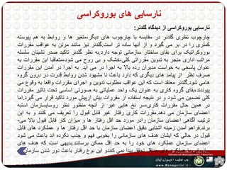 نارسایی های بوروکراسی 
نارسایی بوروکراسی از دیدگاه گلدنر: 
چارچوب نظری گلدنر در مقایسه با چارچوب های دیگر،متغیر ها و روابط به هم پیوسته 
کمتری را در بر می گیرد و از آنها ساده تر است.گلدنر نیز مانند مرتن به عواقب مقررات 
بوروکراتیک برای بقای ساختار سازمانی توجه دارد.به نظر گلدنر تاکید صدر نشینان سلسله 
مراتب اداری منجر به تدوین مقرراتی کلی،خشک و بی روح می شود،متعاقبا این مقررات به 
عنوان پاسخی به خواست مدیران رده بالا به اجرا در می آید. به اجرا در آمدن این مقررات 
صرف نظر از پیامد های دیگری که دارد باعث نا مشهود شدن روابط قدرت در درون گروه 
هامی شود.گلدنر معتقد است که این عواقب مطلوب تدوین و اجرای مقررات واقعا به وقوع می 
پیوندند،بقای گروه کاری به عنوان یک واحد عملیاتی به صورتی اساسی تحت تاثیر مقررات 
کلی تضمین می شود و در نتیجه استفاده از مقررات بیش ازپیش مورد تاکید قرار می گیرد.اما 
در همین حال مقررات کاری،سر نر هایی غیر از آنچه منظور نظر روسایسازمان استبه 
اعضای سازمان می دهد.مقررات کاری رفتار غیر قابل قبول را تعریف می کنند و به این 
ترتیب آگاهی اعضای سازمان رادر مورد حد اقل رفتار ها و میزان کار قابل قبول بالا می- 
برند.فراهم آمدن زمینه آشنایی دقیق اعضای سازمان با حد اقل رفتار ها و عملکرد های قابل 
قبول در حالی که ایشان هدف های سازمانی را بخوبی فهم و جذب نکرده اند باعث می شود 
اعضای سازمان عملکرد های خود را به حد اقل ممکن برسانند.بدیهی است که هدف های 
سازمانی با عملکرد های حداقل تحقق پیدا نمی کنندو این نوع رفتار باعث دور شدن سازمان از 
هدف های خود می شود. 
 