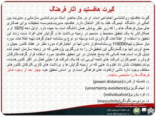 گیرت هافستید و آثار فرهنگ 
گیرت هافستید روانشناسی اجتماعی است. او در حال حاضر استاد مردم شناسی سازمانی و مدیریت بین 
موسسه تحقیقات برای همکاری « المللی در دانشگاه لیمبرگ هلند به کار اشتغال دارد. هافستید مدیریت 
را که زیر نظر پوشش همان دانشگاه است به عهده دارد. اوایل دهه 1970 او و » های میان فرهنگ ها 
همکارانش به یک تحقیق منضبط و منسجم در زمینه برداشت ها و گرایش های افراد دست زدند این 
تحقیق با استفاده از اطلاعات گردآوری شده بوسیله دو نوع پرسشنامه انجام گرفت.تهیه اطلاعات مورد 
نیاز مستلزم تهیه 116000 پرسشنامه،قرار دادن آنها در اختیارافراد مورد نظر در هفتاد کشور جهان و 
جمع آوری آنها بود.گستردگی این تحقیق،آن را به بزرگترین پژوهشی که در زمینه سازمان انجام شده 
تبدیل کرده است.همه کسانی که پاسر هایشان در این تحقیق هافستید مورد استفاده قرار گرفت،کارکنان 
فروش و تعمیرکاران شرکت های تابعه آی.بی.ام- که یک شرکت فرا ملیتی فعال در اکثر کشورهاست- 
بودند.تحقیقات نشان داد تفاووت هایی که در زمینه گرایش ها و برداشت های کاری کارکنان کشورهای 
مختلف وجود دارد ناشی ازتفاوت های فرهنگی است.او بر اساس تحقیق خود چهار بعد از وجوه تمایز 
فرهنگ ها را مشخصساخت. 
)power distance( 1) فاصله از قدرت 
)uncertainty-avoidance( 2) ابهام گریزی 
)individualism( 3) فرد باوری 
)masculinity( 4) مردی-مردگونگی 
 