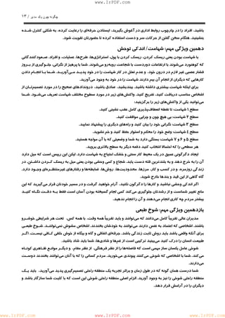 چگونه چون يكمدير / ١٣ 
www.IrPDF.com 
باشيد، افراد را در چارچوب روابط اداري در آغوش بگيريد، ايستادن حرفه اي را رعايت كرده، به شكلي كنترل شـده 
بنشينيد. هنگام سخن گفتن از حركات سر و دست استفاده كرده تا حضورتان تقويت شود. 
دهمين ويژگي مهم: شهامت/ اندكي توحش 
با شهامت بودن يعني ريسك كردن، ريسك كردن با پول، استراتژي ها، طرح ها، عمليات، و افراد. صـعودكنندگاني 
كه كوهنورد م ي شوند با ارتفاعات دوردست با شجاعت روب ه رو مي شوند. شما با پرهيز از نگراني، جلـوگيري از بـروز 
فشار عصبي غير لازم در درون خود، و عدم تعلل در كار شهامت را در خود پديـد مـ ي آوريـد . شـما بـا انجـام دادن 
كارهايي كه ديگران از انجام آن بيم دارند شهامت را در خود به وجود م يآوريد. 
براي اينكه شهامت بيشتري داشته باشيد. بينديشيد، صادق باشيد، دروندادهاي صحيح را در مورد تصميم تـان از 
اشخاص مناسب دريافت كني د ، تفريح كنيد . واكنش هاي زير در مورد سطوح مختلف شهامت تعريف م ي شـود . شـما 
مي توانيد يكي از واكنش هاي زير را برگزينيد: 
سطح ١ شهامت: تا نقطه انعطاف پذيري كامل عقب نشيني كنيد. 
سطح ٢ شهامت: بي هيچ چون و چرايي موافقت كنيد. 
سطح ٣ شهامت: نگراني خود را بيان كنيد و راه هاي ديگري را پيشنهاد نماييد. 
سطح ٤ شهامت: وضع خود را محكم و استوار حفظ كنيد و خم نشويد. 
سطح ٥ و ٦ و ٧ شهامت: بستگي دارد به شما و وضعيتي كه با آن مواجه هستيد. 
هر سطحي را كه احتمالا انتخاب كنيد دفعه ديگر به سطح بالاتري برويد. 
ايجاد دگرگوني عميق در يك محيط كار سنتي و خشك احتياج به شهامت دار د . ليكن اين ريي س است كه ميل دارد 
آن را به خرج دهد و به بلندترين قله دست ياب د . شجاع و كمي وحشي بودن يعني ميل به ريسك كـردن داشـت ن . در 
زندگي روزمره، و در كسب و كار، مرزها، محدوديت ها، روش ها، ضابطه ها و رفتارهاي غيرمنتظـره اي وجـود دارد . 
گاه گاهي از اين قيد و بندها خارج شويد. 
اگر اندكي وحشي نباشيد و كارها را دگرگون نكنيد، آرام خواهيد گرفت و در مسير خودتان قرار مي گيريد كه اين 
مانع تغيير شماست و از رشدتان جلوگيري م ي كند كمي لجام گسيخته بودن آسان است فقط بـه دقـت نگـاه كنيـد 
بيشتر مردم چه كاري انجام مي دهند و آن را انجام ندهيد. 
يازدهمين ويژگي مهم: شوخ طبعي 
مديران عالي تقريباً كامل مي دانند كه مي توانند و بايد تقريباً همه وقت، با همه كس، تحت هر شرايطي خوشـرو 
باشند. اشخاصي كه اعتماد به نفس دارند م ي توانند به خودشان بخندن د . اشخاص مشو ش نمي تواننـد . شـوخ طبعـي 
براي آنكه واقعي باشد بايد روش ثابت زندگي باش د . جرقه اي اتفاقي و گاه و بيگاه از خوش خلقي كـافي نيسـ ت . اگـر 
طبيعت انسان را درك كنيد مي بينيد تركيبي است از غ مها و شادي ها، شما بايد شاد باشيد. 
شوخي عامل يكسان ساز مهمي است كه فاصل هها را از نظر فرهنگي، از نظر مقام، و ديگـر موانـع ظـاهري كوتـاه 
مي كند. شما با اشخاصي كه شوخي م ي كنند پيوندي م ي خوريد. مردم كساني را كه با آنان م ي توانند بخندند دوسـت 
مي دارند. 
شما درست همان گونه كه در طول زمان و براثر تجربه يك منطقه راحتي تصميم گيري پديد مي آوريد، بايد يـك 
منطقه راحتي شوخي را نيز ب ه وجود آوريد . الزام اصلي منط ق ه راحتي شوخي اين است كه با كليت شما سازگار باشد و 
ديگران را در آرامش قرار دهد. 
www.IrPDF.com www.IrPDF.com www.IrPDF.com 
 