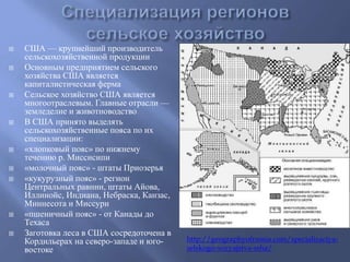  США — крупнейший производитель 
сельскохозяйственной продукции 
 Основным предприятием сельского 
хозяйства США является 
капиталистическая ферма 
 Сельское хозяйство США является 
многоотраслевым. Главные отрасли — 
земледелие и животноводство 
 В США принято выделять 
сельскохозяйственные пояса по их 
специализации: 
 «хлопковый пояс» по нижнему 
течению р. Миссисипи 
 «молочный пояс» - штаты Приозерья 
 «кукурузный пояс» - регион 
Центральных равнин, штаты Айова, 
Иллинойс, Индиана, Небраска, Канзас, 
Миннесота и Миссури 
 «пшеничный пояс» - от Канады до 
Техаса 
 Заготовка леса в США сосредоточена в 
Кордильерах на северо-западе и юго- 
востоке 
http://geographyofrussia.com/specializaciya-selskogo- 
xozyajstva-ssha/ 
 