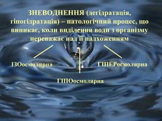 ЗНЕВОДНЕННЯ (дегідратація, 
гіпогідратація) – патологічний процес, що 
виникає, коли виділення води з організму 
переважає над її надхоженням 
ІЗОосмолярна ГІПЕРосмолярна 
ГІПОосмолярна 
 