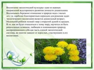 Воспитание экологической культуры- одно из важных 
направлений всестороннего развития личности дошкольника. 
Воспитывать бережное отношение к природе надо с малых 
лет, т.к. наиболее благоприятным периодом для решения задач 
экологического воспитания является дошкольный возраст. 
Маленький ребёнок познаёт мир с открытой душой и сердцем. 
И то, как он будет относиться к этому миру, научится ли быть 
рачительным хозяином, любящим и понимающим природу, 
воспринимающим себя как часть единой экологической 
системы, во многом зависит от взрослых, участвующих в его 
воспитании. 
 