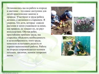 Остановились мы на работе в огороде 
и цветнике - это самое доступное для 
детей практическое занятие в 
природе. Участвуют в труде ребята 
активно, с желанием и старанием. Я 
уверена, что дети, которые сажали 
растения и затем ухаживали за ними, 
как правило, не ломают их, не рвут 
впоследствии. Обучая ребят, 
простейшим приёмам труда, мы 
старались объяснить необходимость 
и целесообразность этого труда, 
помогали испытывать радость от 
хорошо выполненной работы. Работа 
на огороде сопровождается чтением 
потешек, закличек, пением татарских 
песен. 
 